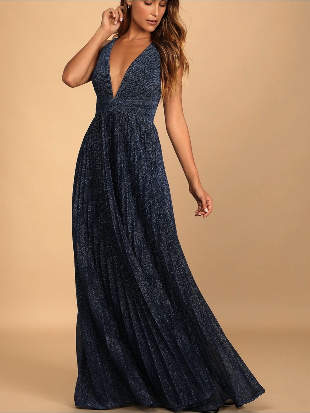 Especially Stunning Blue Sparkly Pleated Maxi
Dress